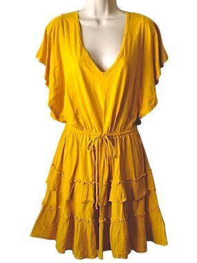 Anthropologie Daily Practice Flutter Sleeve Tiered Ruffle Mini Dress L Mustard